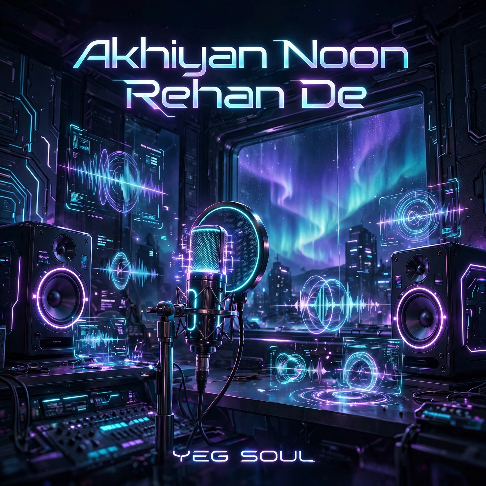 Akhiyan Noon Rehan De cover — a neon-lit studio microphone and monitor speakers in front of a window showing the northern lights over a futuristic city