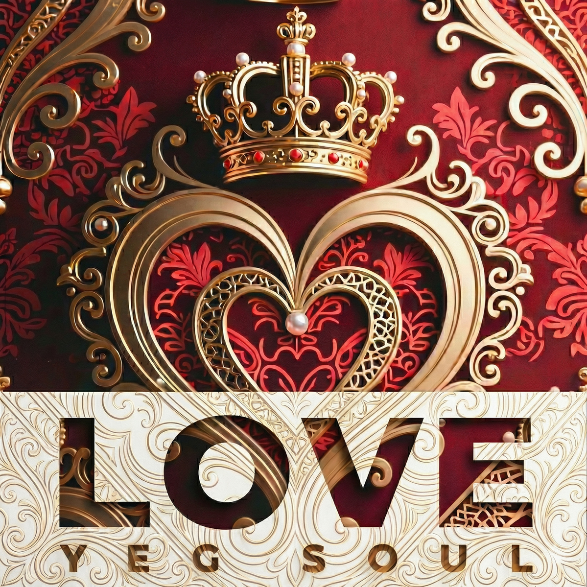 LOVE album cover — gold crown and hearts on red