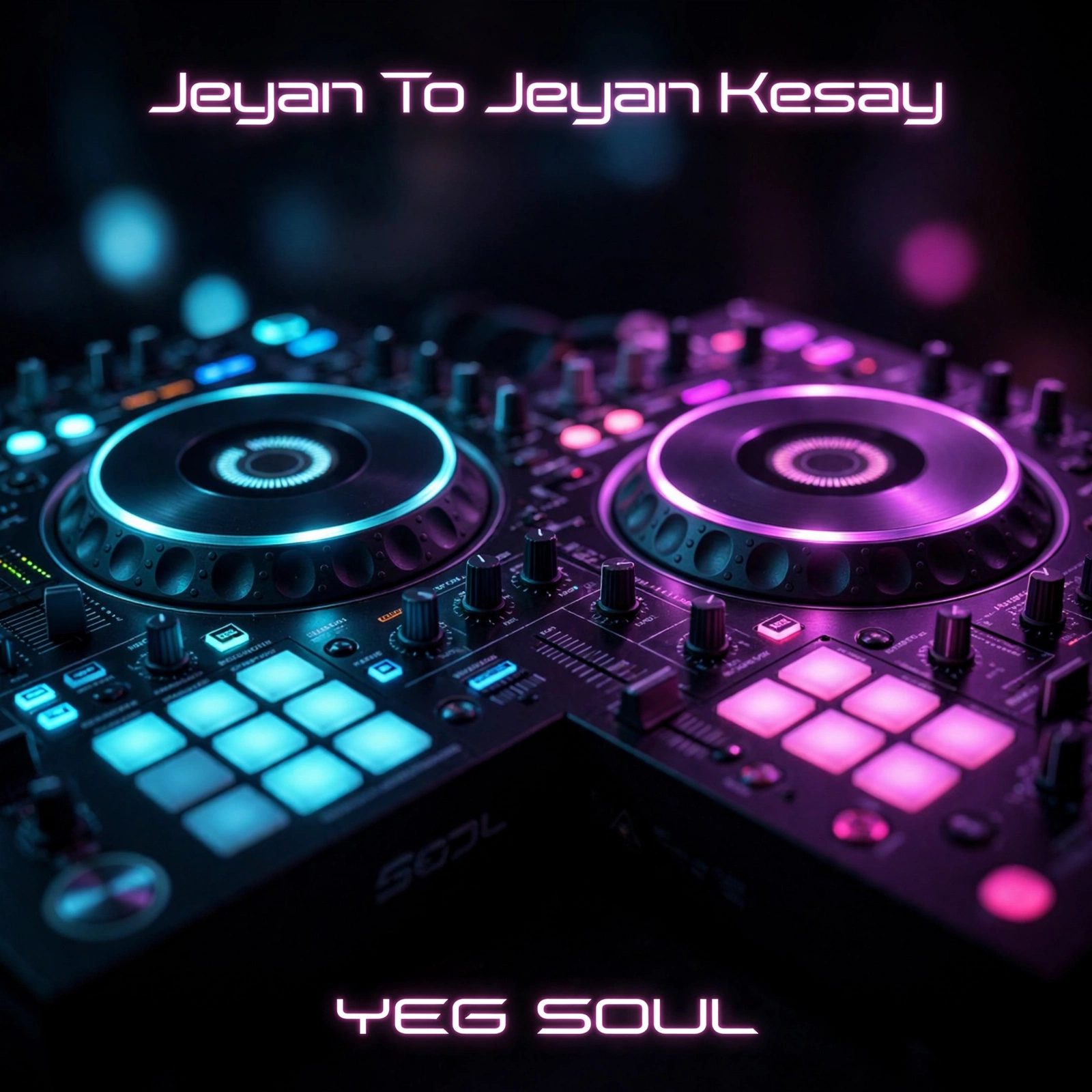 Jeyan To Jeyan Kesay cover — close-up of a DJ controller with cyan and magenta glowing jog wheels and pads under neon title lettering