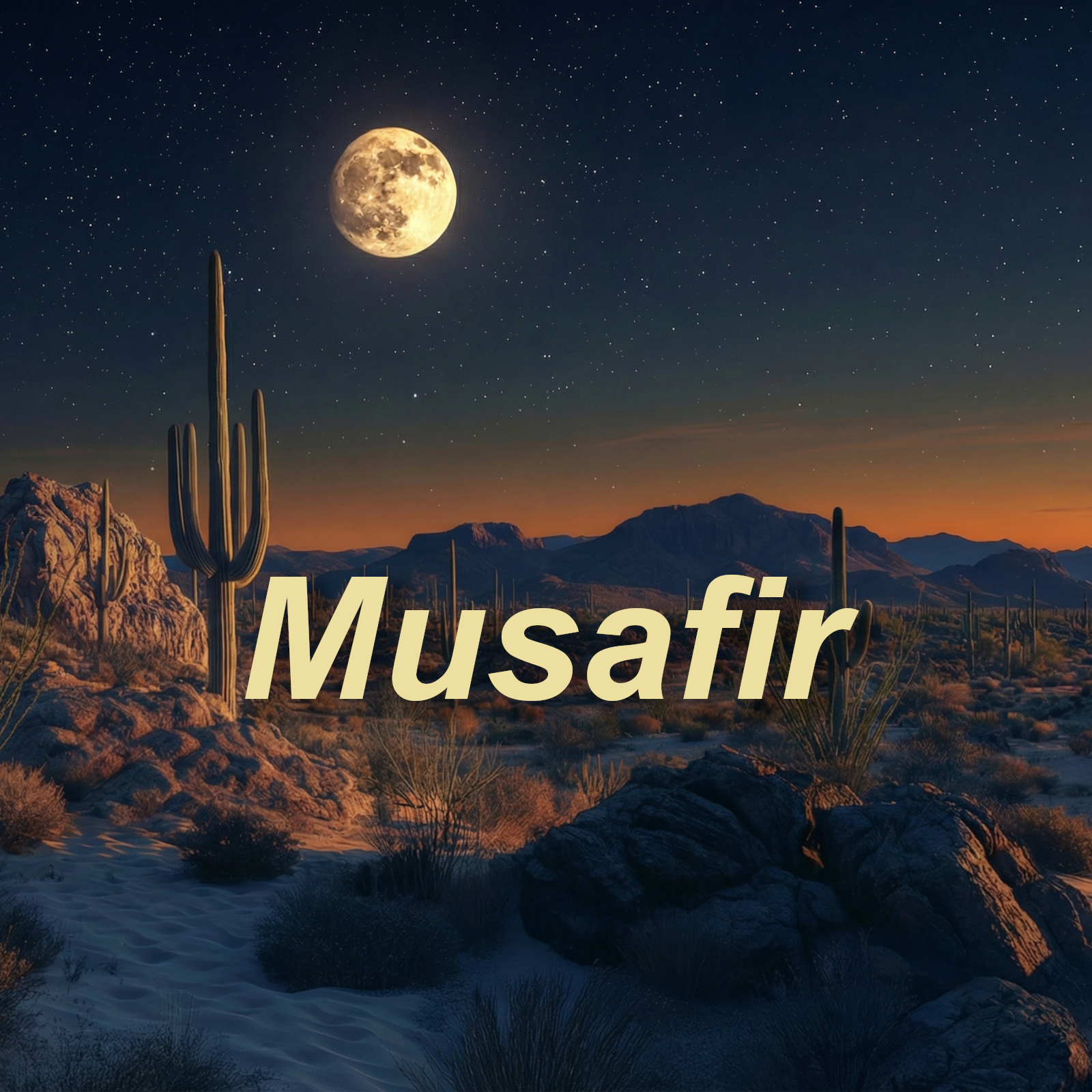 Musafir album cover — desert night with cactus, rocks and a full moon