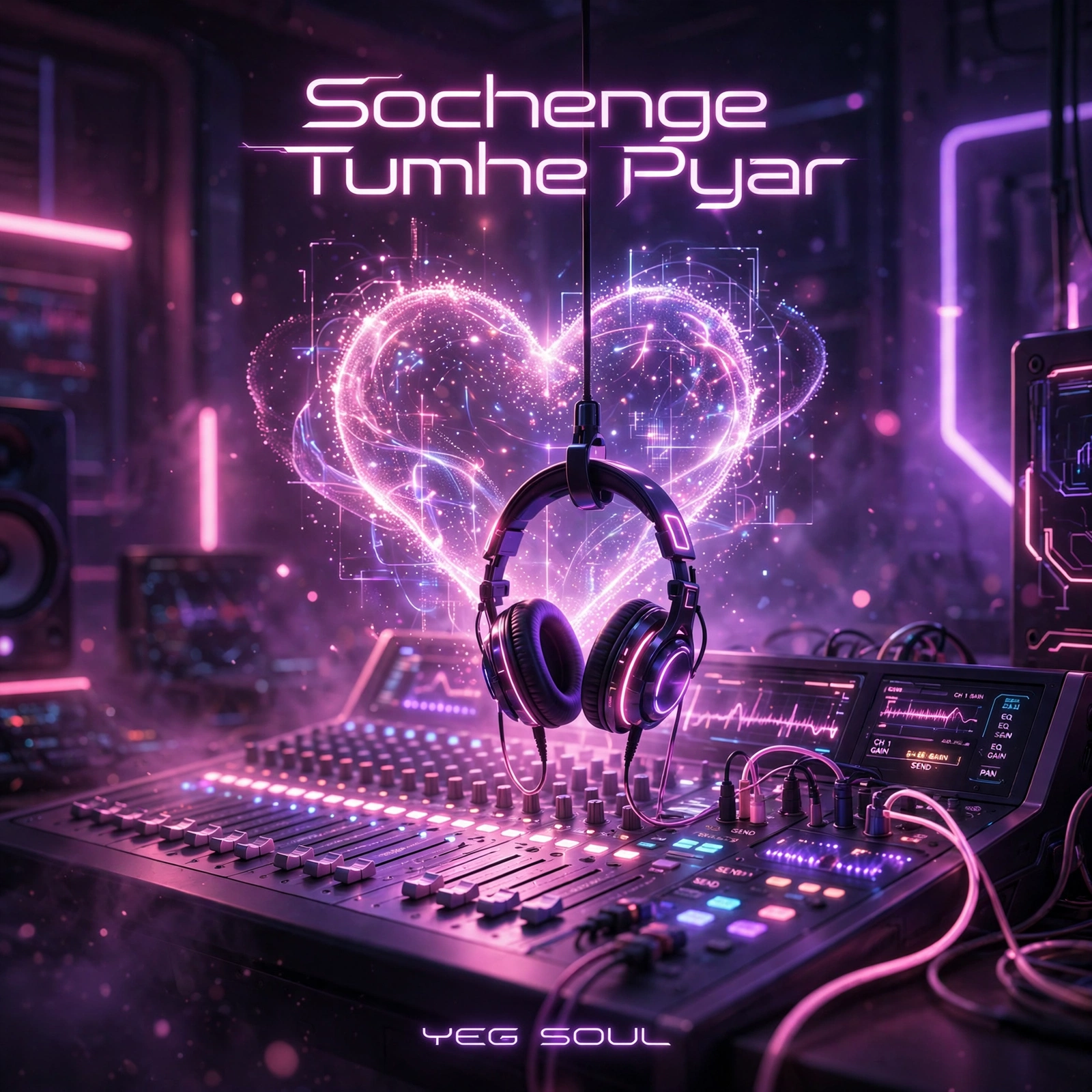 Sochenge Tumhe Pyar cover — headphones hanging over a studio mixing console with a glowing pink holographic heart behind them